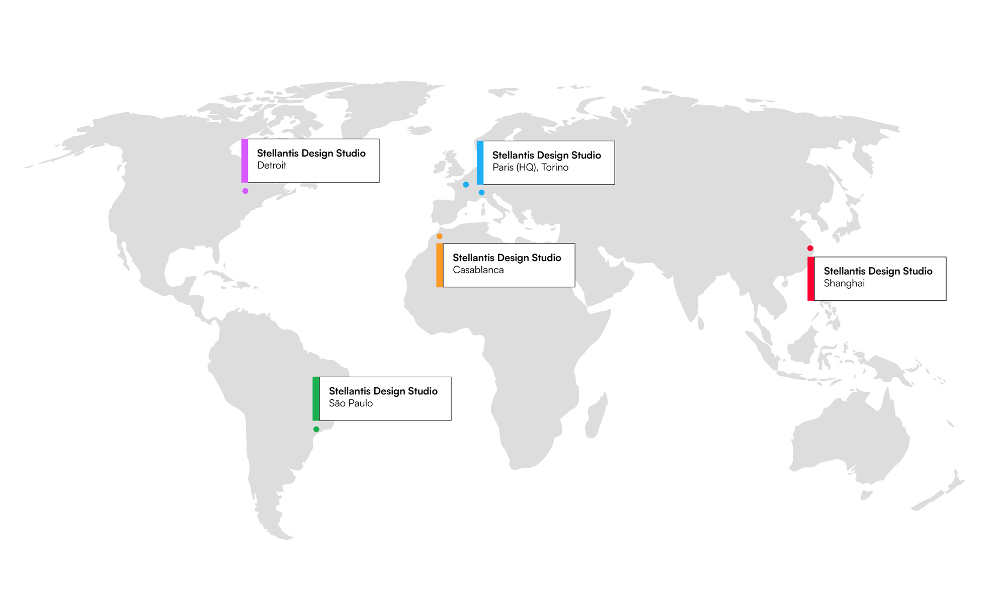 Carte du monde indiquant les 5 studios de design de stellantis design studio à Detroit, Sao Paolo, Casablanca, Paris, Shanghai