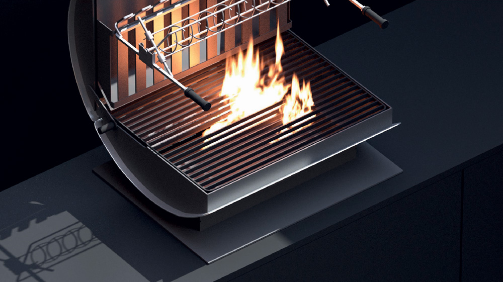 close up on the le marquier barbecue with flames