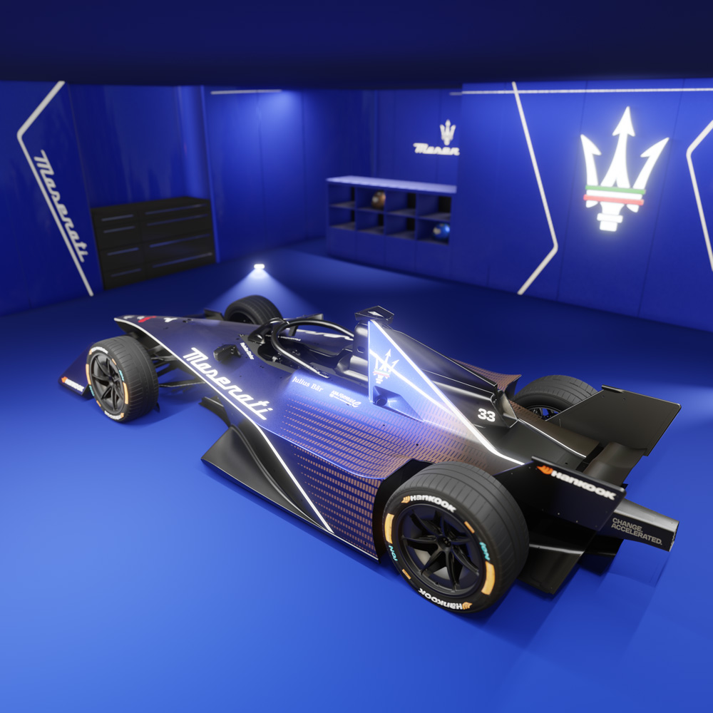 Maserati formula E garage shot 3/4 view