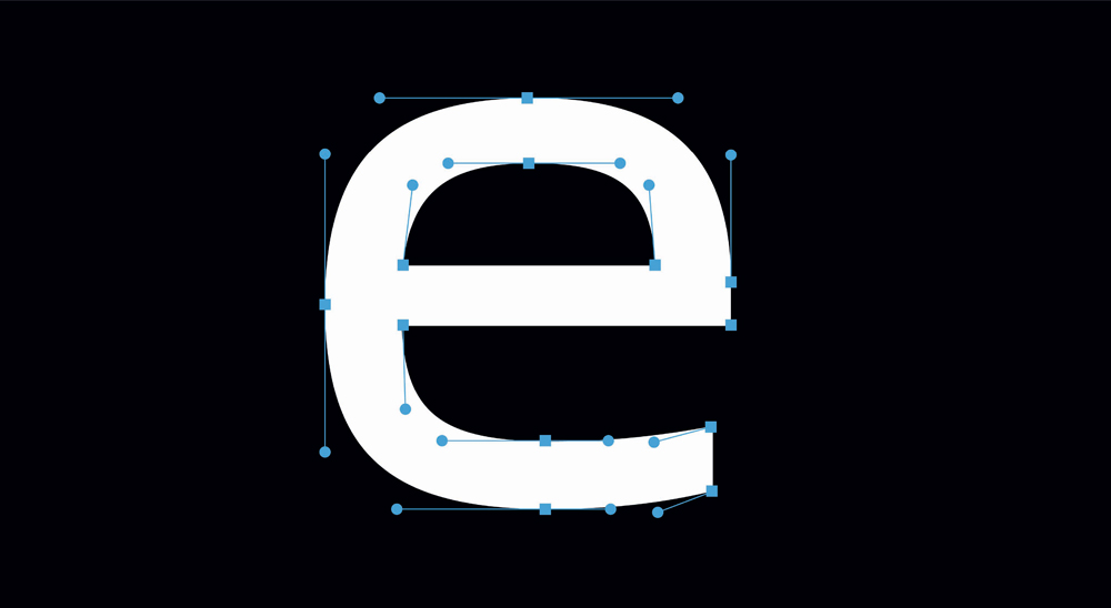 drawing of the letter e of the new peugeot font