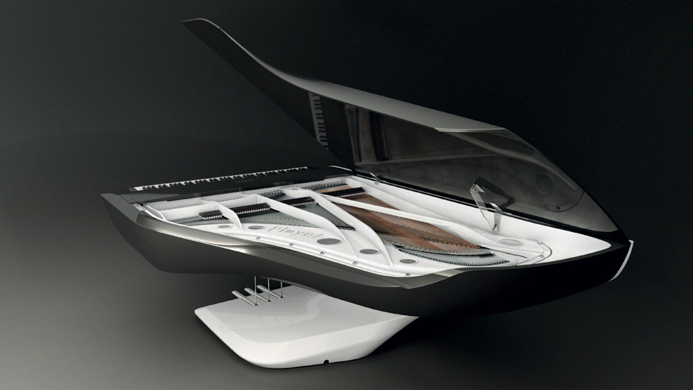 vue esthetique du piano Peugeot Design Lab pour Pleyel en position couvercle ouvert