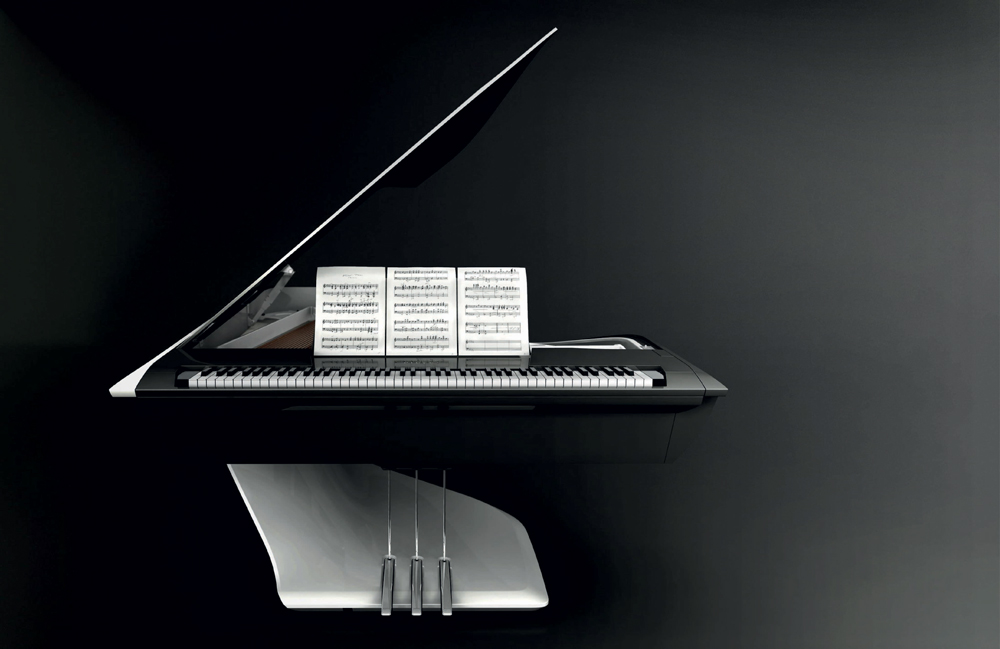 vue esthetique du piano Peugeot Design Lab pour Pleyel en configuration couvercle ouvert vue avant